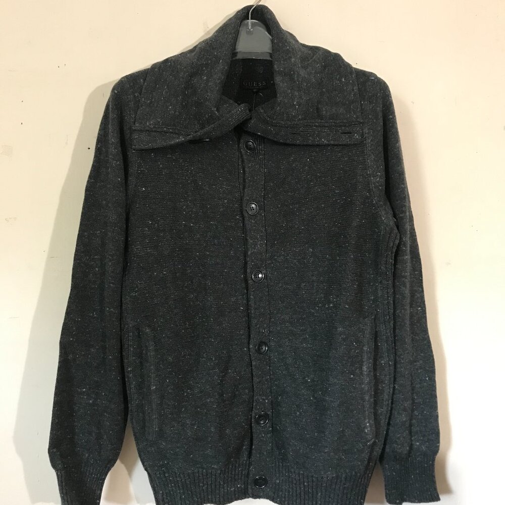 Guess Men's 100% Cotton Button down Mock Neck Cardigan Dark Gray Size Med